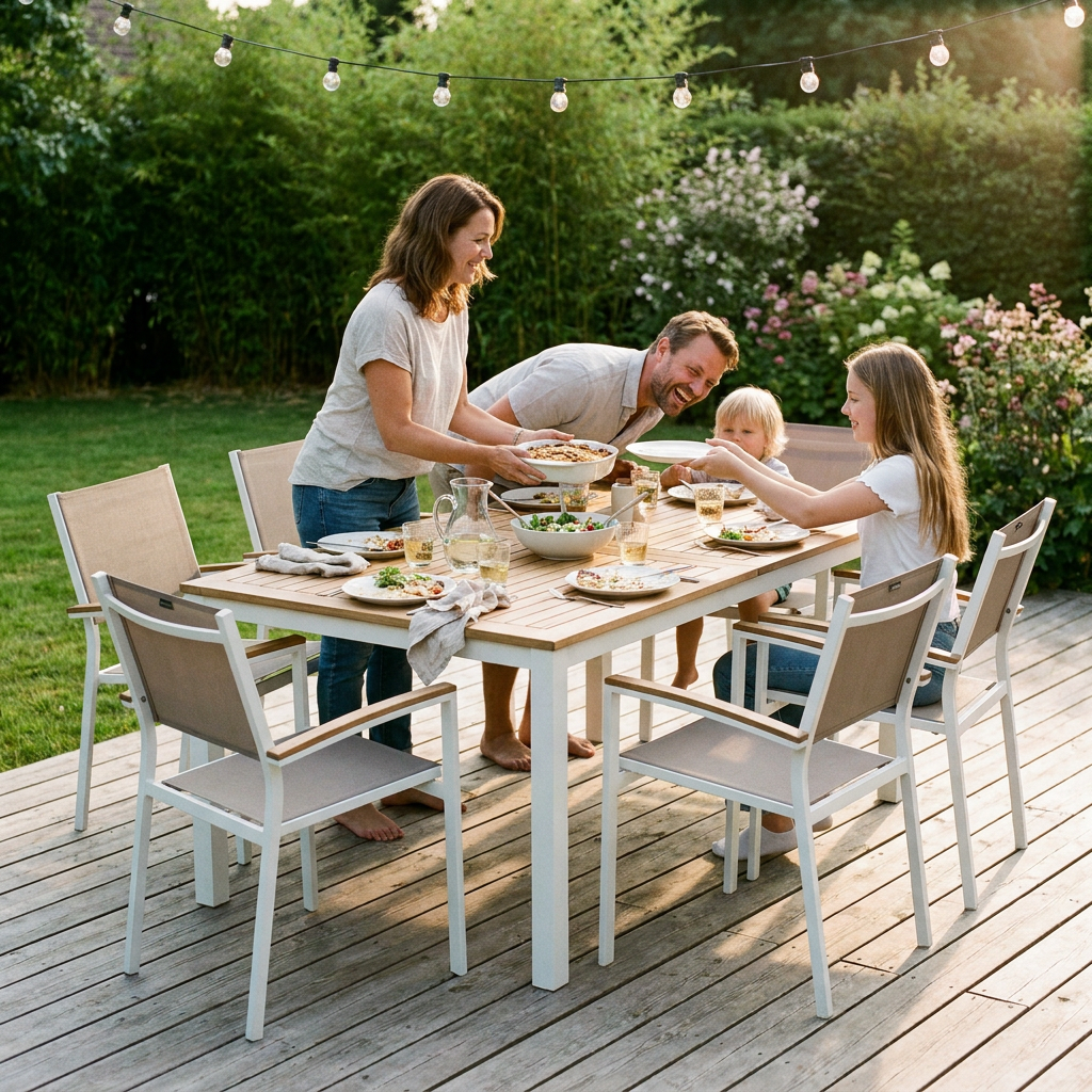 Repas de famille autour d'un salon de jardin en aluminium, matériau durable qui se revend bien